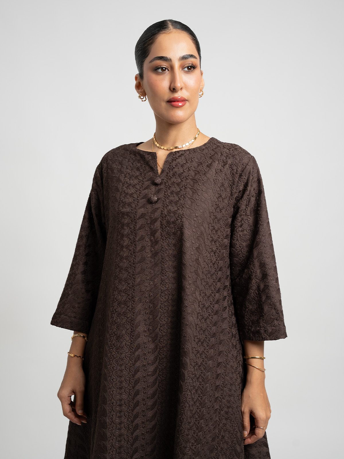 31701fw2601sacobr.jpg جلابية نص كلوش ركامة بني - الصورة 1
